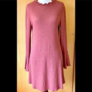 EUC-Red Ruffle Sleeve & Neck Sweater Dress